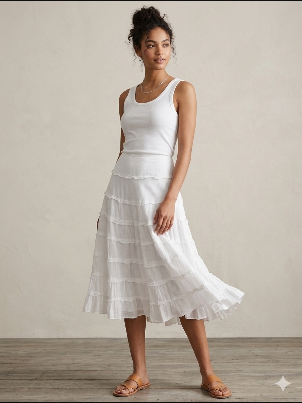 Guess White Tiered Ruffled Cotton Midi Skirt